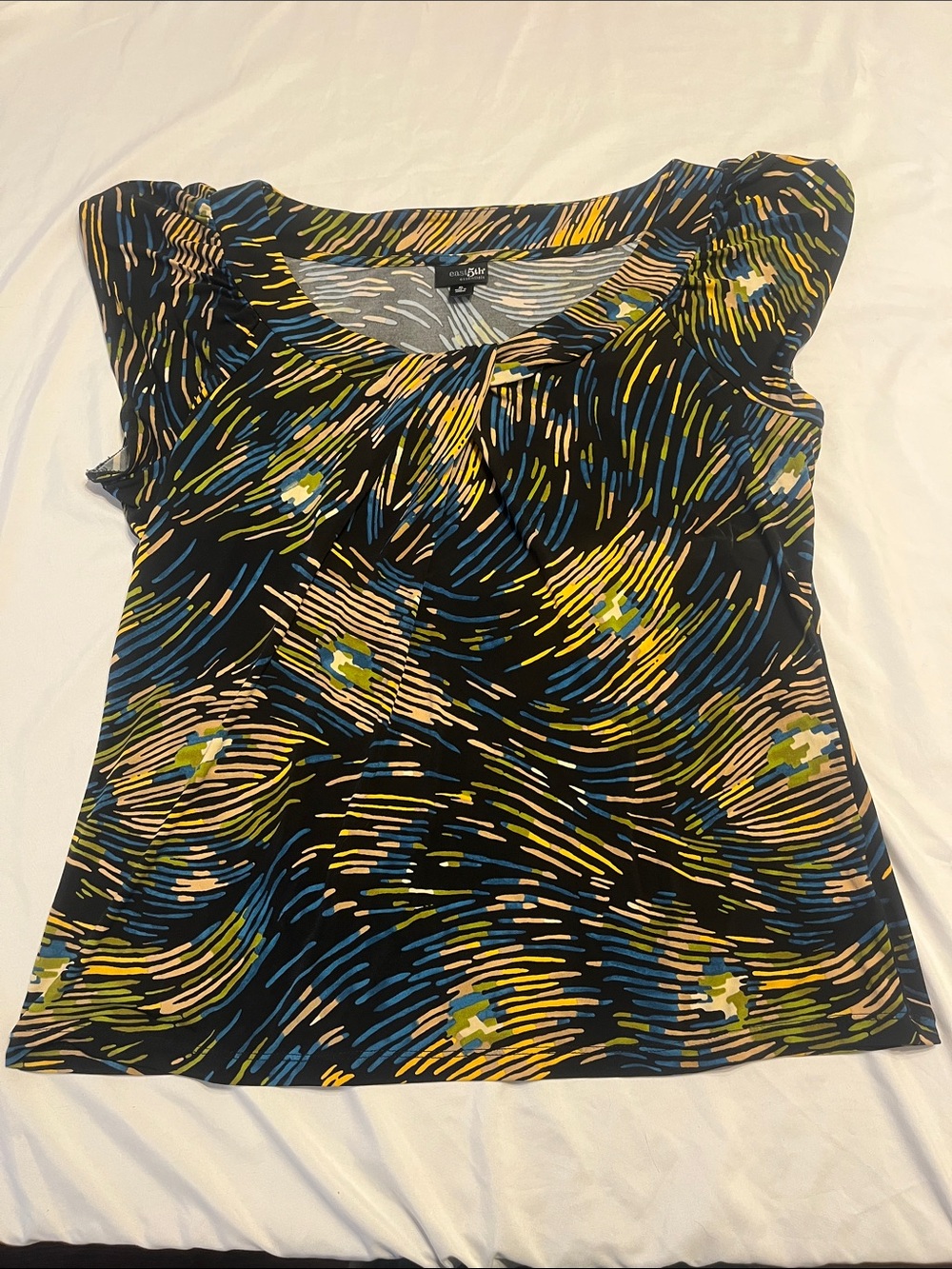 East 5th Black Cap-Sleeve Top with Blue, Yellow & Green striped Pattern